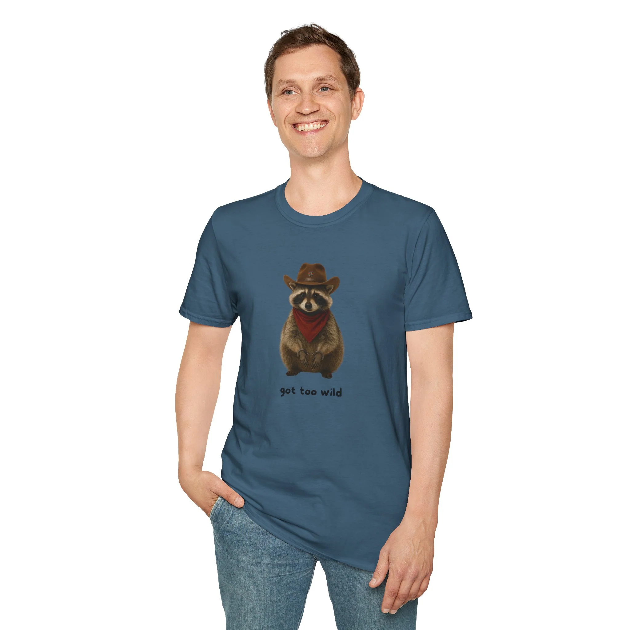 Got Too Wild Raccoon Cowboy Unisex Softstyle T-Shirt - Image 59